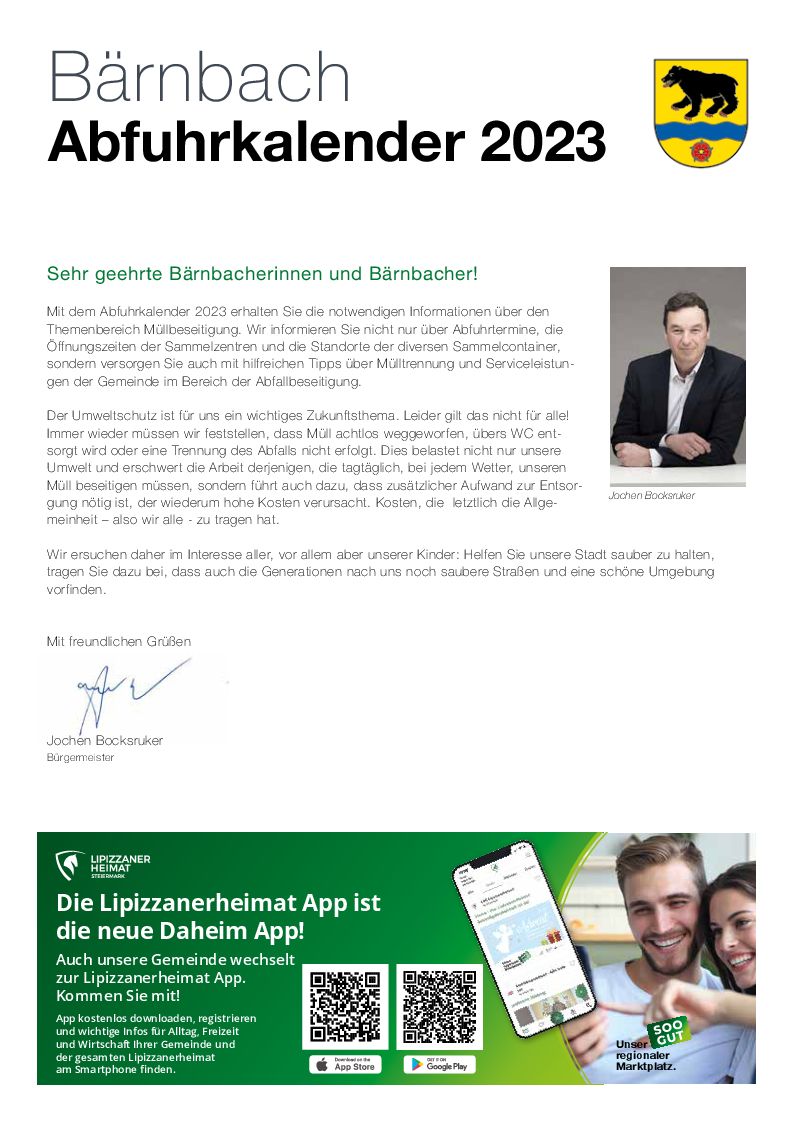 Abfuhrkalender Bärnbach WSM 2023 Ansicht NEU