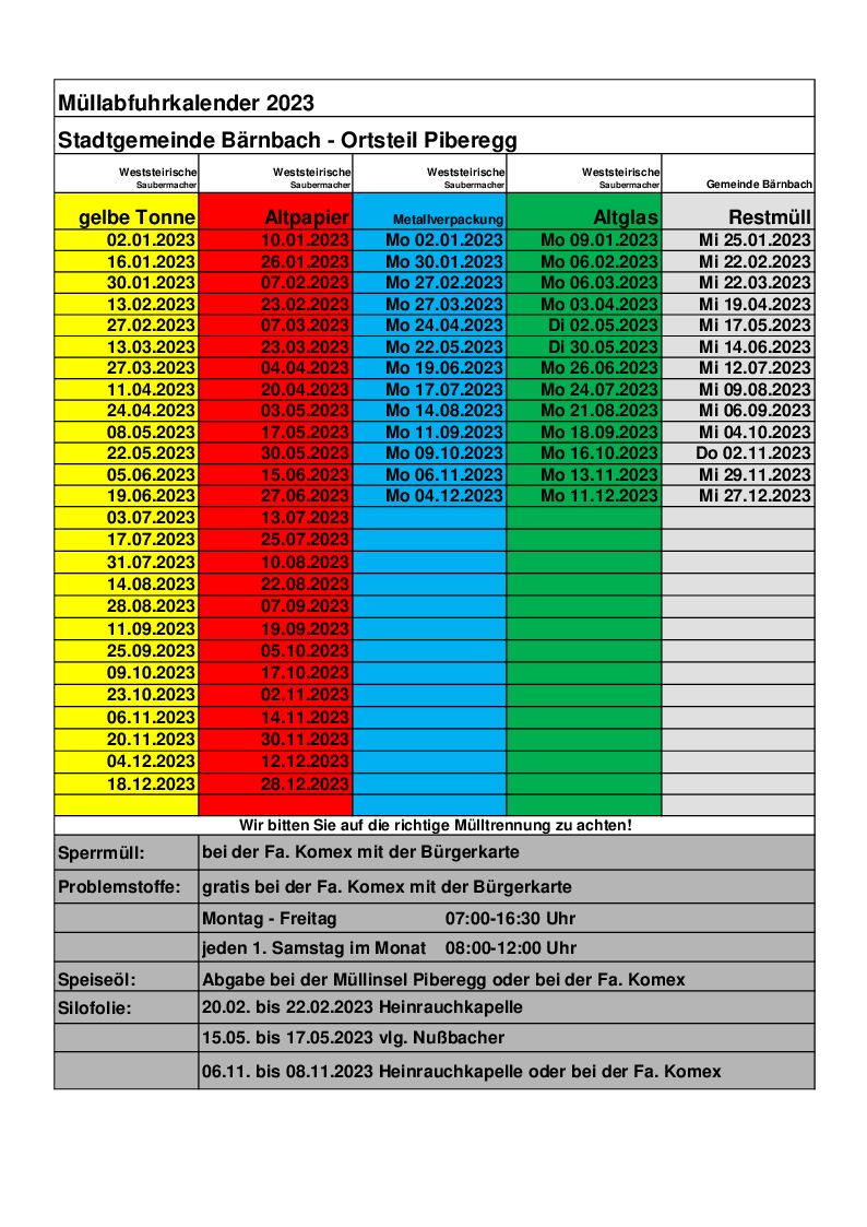 Müllkalender Piberegg 2023